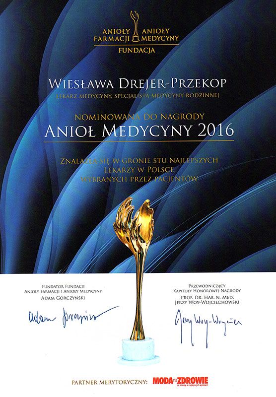 Dyplom anioły farmacji medycyny dla Wiesławy Drejer-Przekop